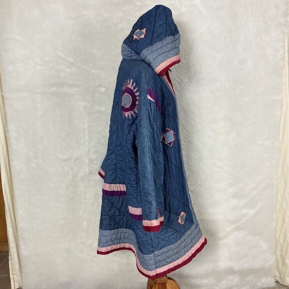 Vintage 80s 90s Denim Hooded Sun Embroidered Patchwork Denim Quilted Jacket L - Picture 9 of 12